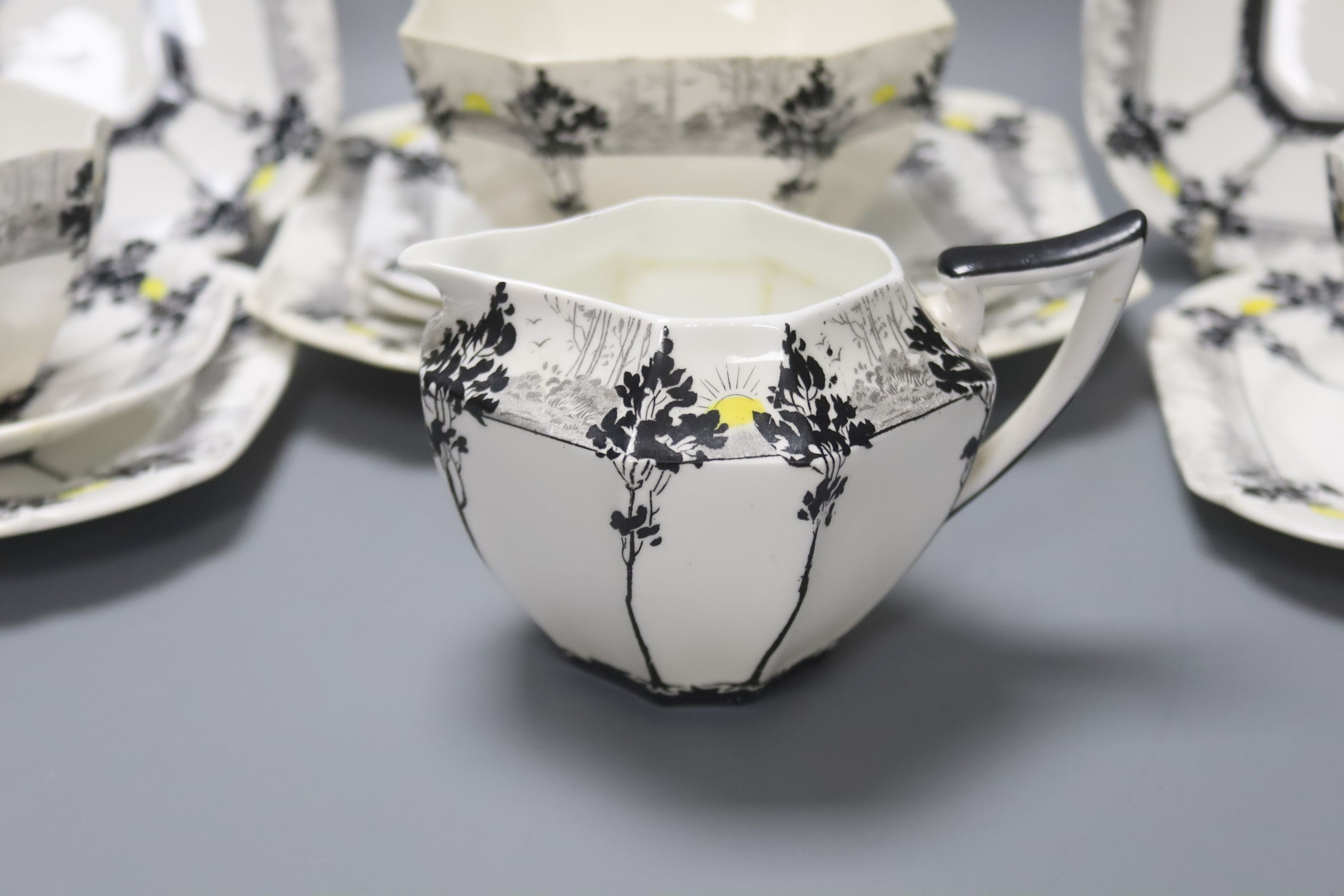 A Shelley Art Deco 'Sunrise and Tall Trees' pattern tea set